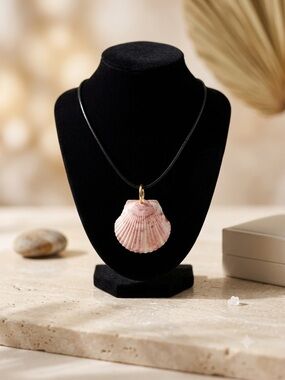Pink Shell Pendant Necklace with Gold Accent on Black Cord